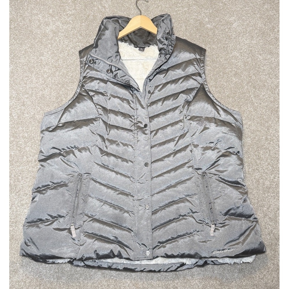 Eddie Bauer Puffer Vest Women Size 3x  DOWN Fill Sherpa Lined‎ Metallic Silver